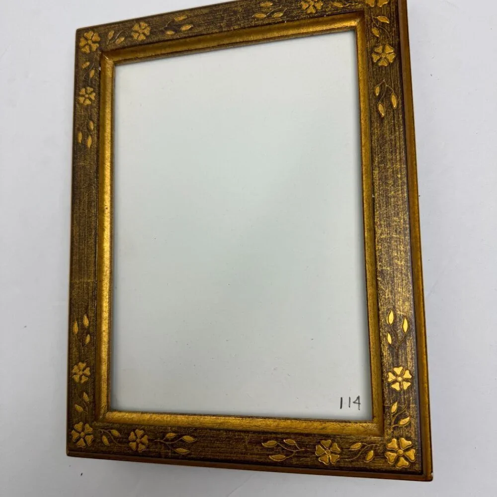 Vintage Wooden Picture Frame Flowers Gold Patina